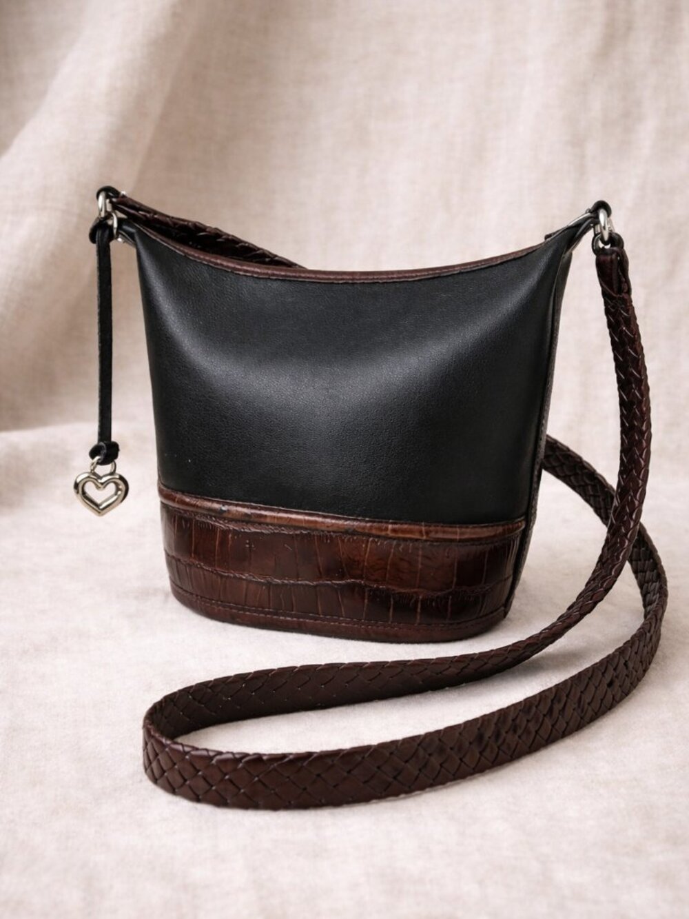 Brighton Little Judy Black Leather Croc Trim Crossbody Bag